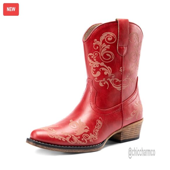 Shoes - Women's Cowboy Ankle Boots Chunky Heel Square Toe Western Booties
